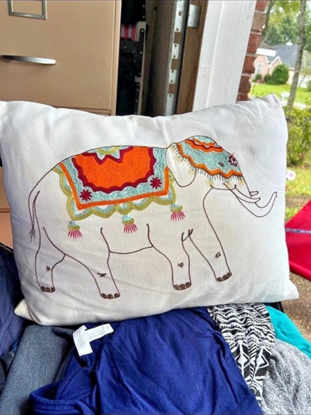 Embroidered Elephant Accent Pillow in White & Multicolor